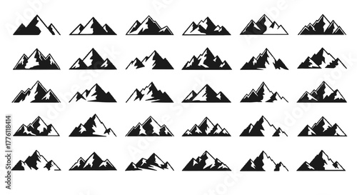 A collection of mountain range silhouettes is presented, showcasing various peaks and ridges in a.