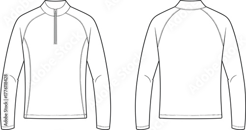 Technical fashion flat sketch of men’s long sleeve half zip pullover with raglan sleeves, sportswear design template for apparel illustration