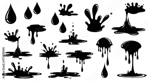 Various black ink droplets and splashes are isolated on a, creating dynamic liquid forms.