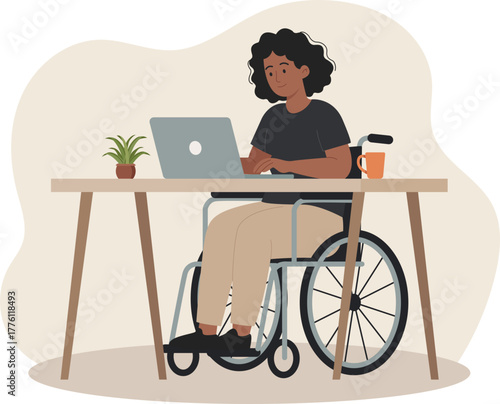 Flat Illustration of an Accessible Workplace with a Disabled Worker in a Wheelchair using a Laptop
