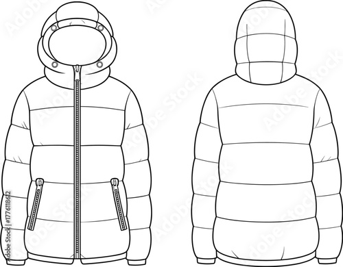 Technical fashion flat sketch of padded puffer jacket with hood, zipper pockets, quilted panels, front and back view vector illustration template