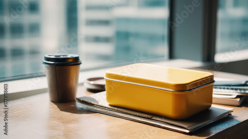 Wallpaper Mural Yellow metal lunch box on office desk with coffee cup and notepads, modern work accessories Torontodigital.ca