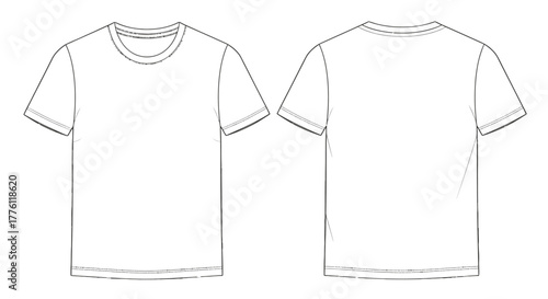 Two simple white t shirts are displayed, one showing the front and the other showing the back of the.