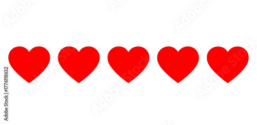 Five red hearts are lined up in a row against a white field, representing love or affection.