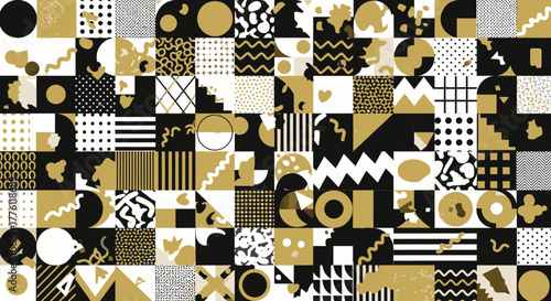 Abstract geometric patchwork in gold, black, and white creates a visually interesting modern.