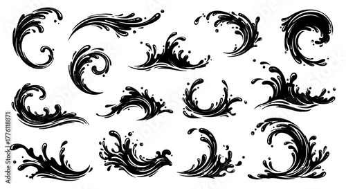 Collection of swirling ink splashes and waves in a variety of shapes and forms on a white surface.