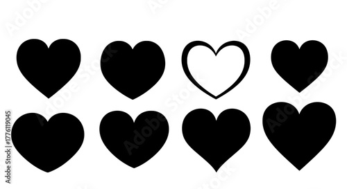 A collection of heart shapes is presented, with seven filled in black and one shown as an outline.