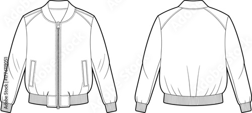 Technical flat sketch of classic bomber jacket front and back view, detailed fashion vector template for men’s outerwear apparel design illustration