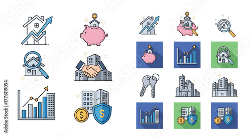 Unlock real estate success with these dynamic icons representing growth investment security and property deals perfect for modern business communication and marketing, Generative AI.