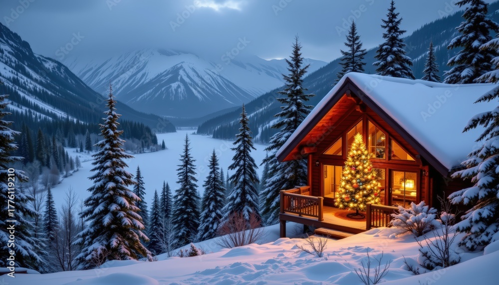 Fototapeta premium A cozy mountain lodge overlooking a frozen lake surrounded by evergreens dusted with snow