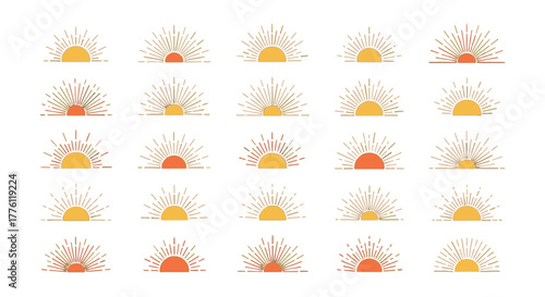 A collection of sunrise icons are arranged in a grid pattern on a clean white canvas.