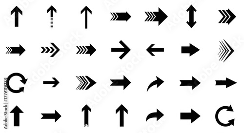 Various arrow symbols pointing in different directions are displayed in a grid format against a.