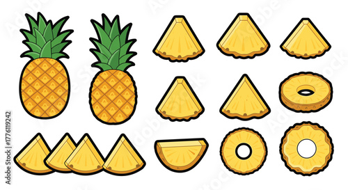 Vibrant collection of whole pineapples and delicious sliced pieces perfect for tropical designs and summer themes, Generative AI.