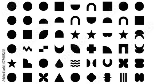 A collection of various simple black geometric shapes arranged in a grid pattern on a white surface.