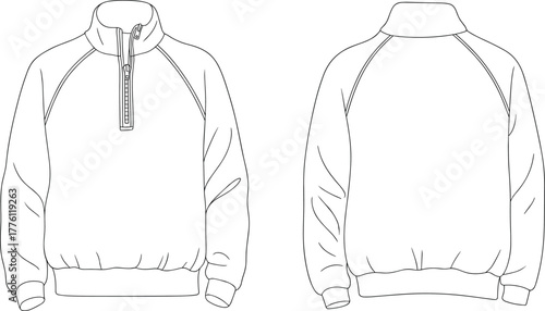 Technical flat sketch of half zip pullover sweatshirt with stand collar, long sleeves, ribbed cuffs and hem, front and back vector template