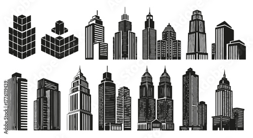 A collection of various skyscraper shapes and sizes, presented in a monochrome, architectural style.