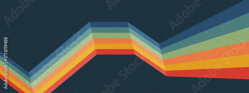 Retro perspective line background with rainbow chevron bands in vintage 70s palette. Abstract geometric stripes with groovy wave flow. Vector dynamic pattern featuring funky parallel angular curves.