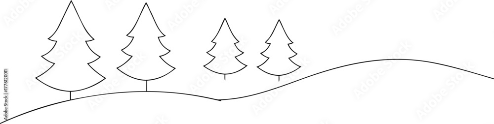 Obraz premium Four stylized pine trees on a rolling hill evergreen