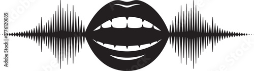 Black and White Lips Talking Sound Wave Silhouette Symbol Communication Vector Design