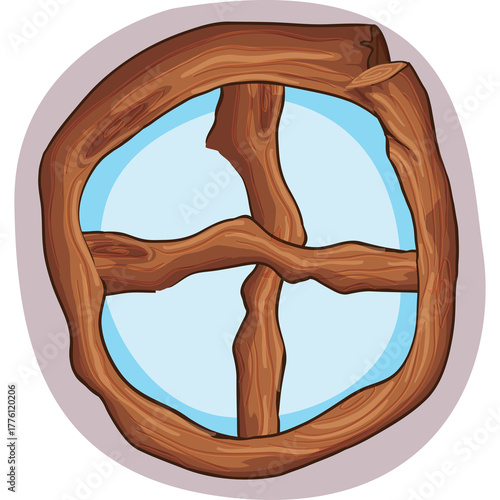 Rustic Wooden Window Frame with Light Blue Sky Background and Wood Texture