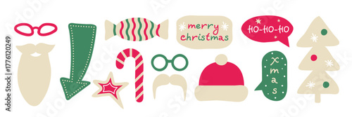A collection of festive Christmas photo booth props including santa beard, mustache, candy and speech bubbles for holiday party decoration.