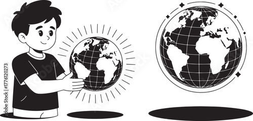 Boy with Earth planet globe vector. Education environment future energy illustration