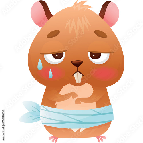 Sad Brown Hamster With Bandage On Its Belly And Blue Sweat Drops On Its Cheeks Looking Sick With Tired Eyes And Pink Ears and Blush On Cheeks