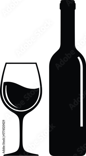 Classic silhouette of wine bottle and glass with red wine for elegant occasions isolated on transparent background