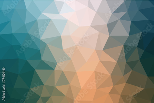 Modern geometric abstract background with polygon shapes in teal, beige, and white gradient tones. Elegant low poly texture ideal for digital art, web design, or presentation visuals.