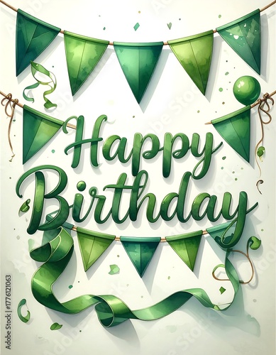 Green birthday greeting card design with bunting and ribbon flourishes