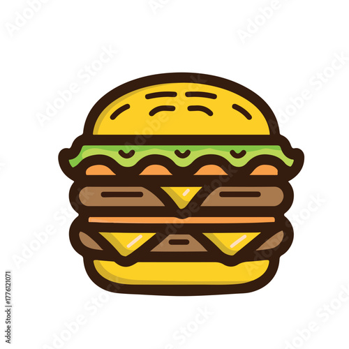 Classic triple decker hamburger with cheese lettuce and tomato in yellow and brown colors ideal for fast food restaurant menu design