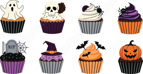 Festive halloween cupcakes decorated with spooky ghost bat pumpkin witch and dog designs isolated on transparent background