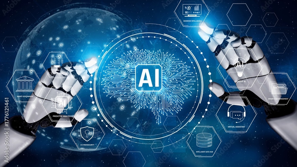 Obraz premium AI supports integration of smart systems including voice interface, chatbots, and analytics to enhance intelligent communication and digital innovation Marrow