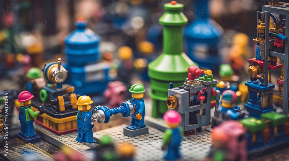 Fototapeta premium factory assembly line, toy-like workers assembling machines