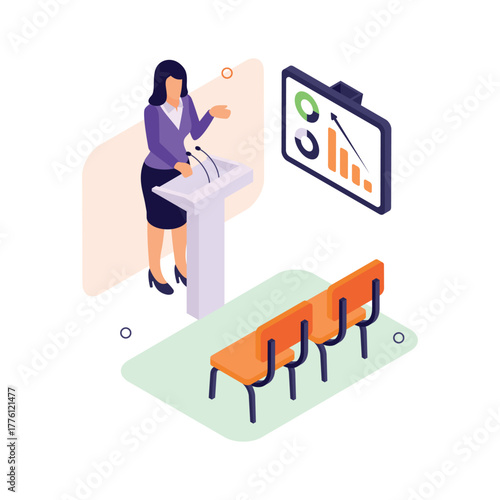 Isometric illustration of a businesswoman delivering a financial presentation