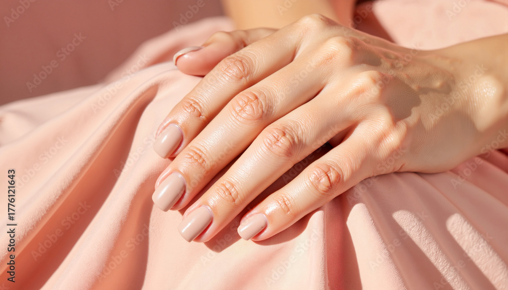 Naklejka premium Close-up of matte nude nails on soft fabric, elegant comfort