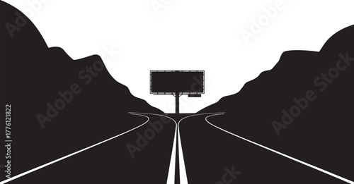 Road Fork Billboard Silhouette Vector Illustration. Highway Sign Direction Choice