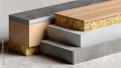 Layers of Various Building Materials Including Wood, Insulation, Concrete and More for Construction and Interior Design Projects