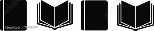 Collection of four simple black book icons open and closed for reading and literature concepts isolated on transparent background