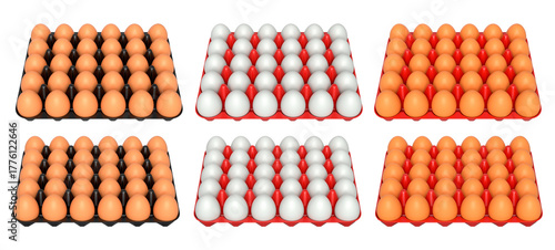 Plastic trays filled with neatly stacked brown and white eggs, isolated on white transparent background.