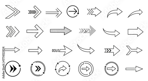 Set of different arrow shapes and styles, pointing right.