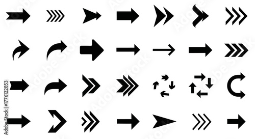 Collection of various arrow designs pointing right, in black and white.