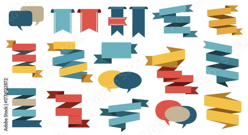 A collection of colorful vector ribbons and speech bubbles in various shapes and designs, perfect for adding visual interest to any project.