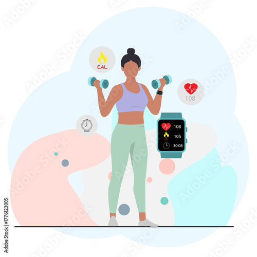 Flat vector of woman meditating in tree pose, Flat vector illustration of a woman exercising with dumbbells while tracking health data using a smartwatch. Modern pastel color palette