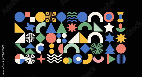 Geometric shapes in a colorful and playful arrangement on a black background.