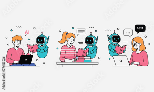 People and intelligent robots collaborating in diverse learning environments, symbolizing the dynamic integration of AI and advanced technology in education