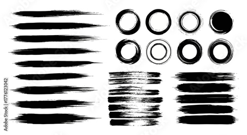 Collection of black brush strokes and circles on a white background.