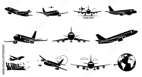 Collection of airplane silhouettes in various positions and angles.