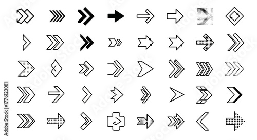 Collection of various arrow designs, pointing right, in black and white, showcasing different styles and thicknesses.