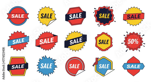 Collection of sale stickers and badges in various shapes and colors, advertising discounts and promotions.